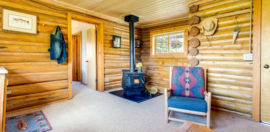 View of wood stove in living room of Sioux