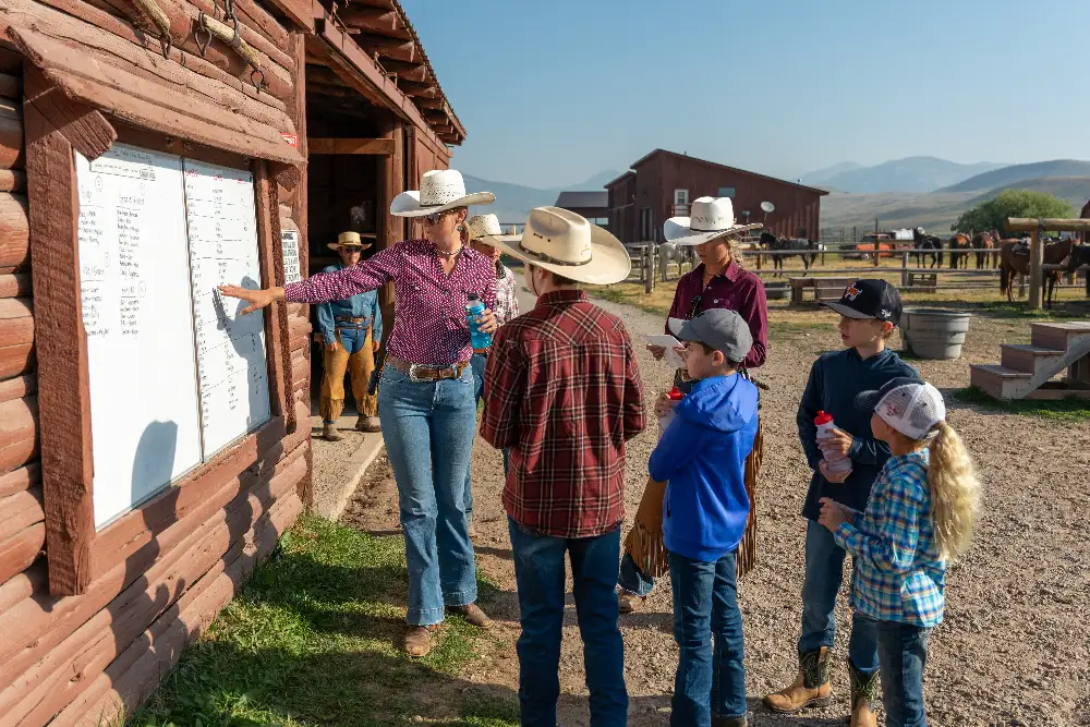 A group of people wearing cowboy hats and standing in front of a bulletin board