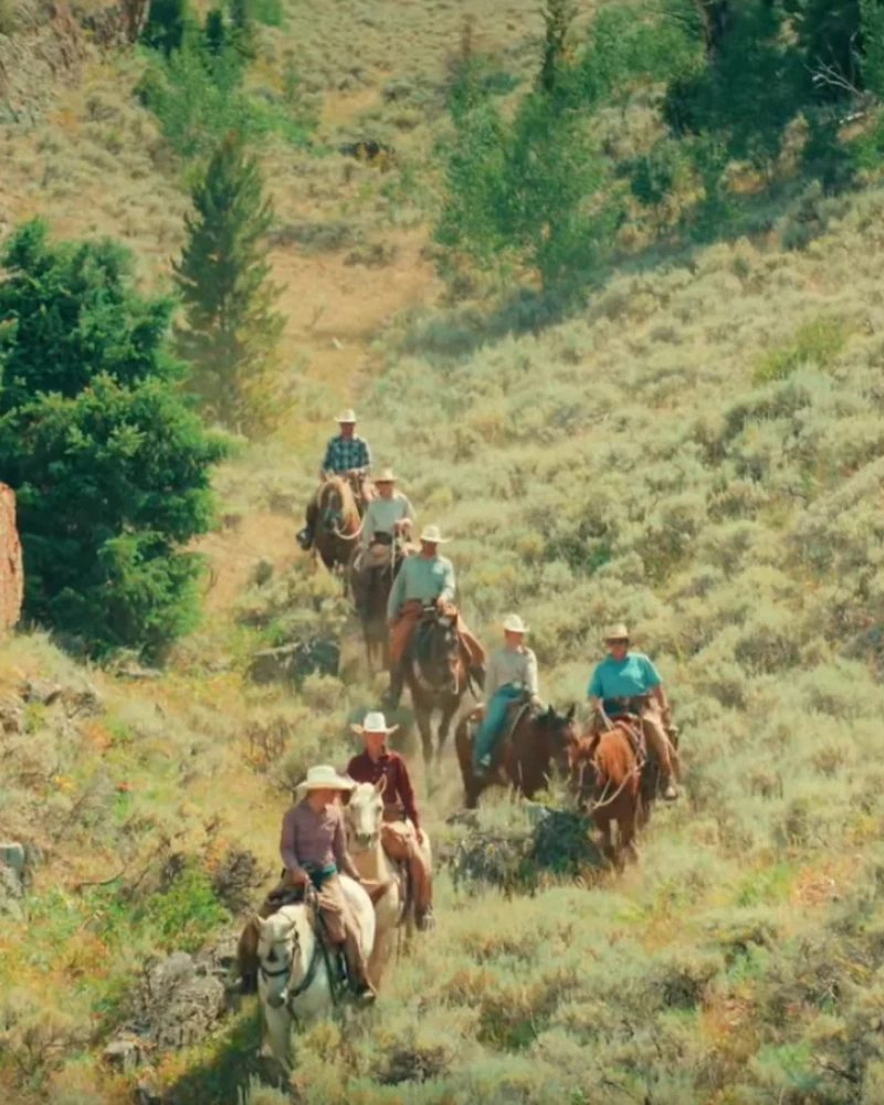 A group of individuals riding horses across a lush, grassy landscape, enjoying a scenic outdoor experience