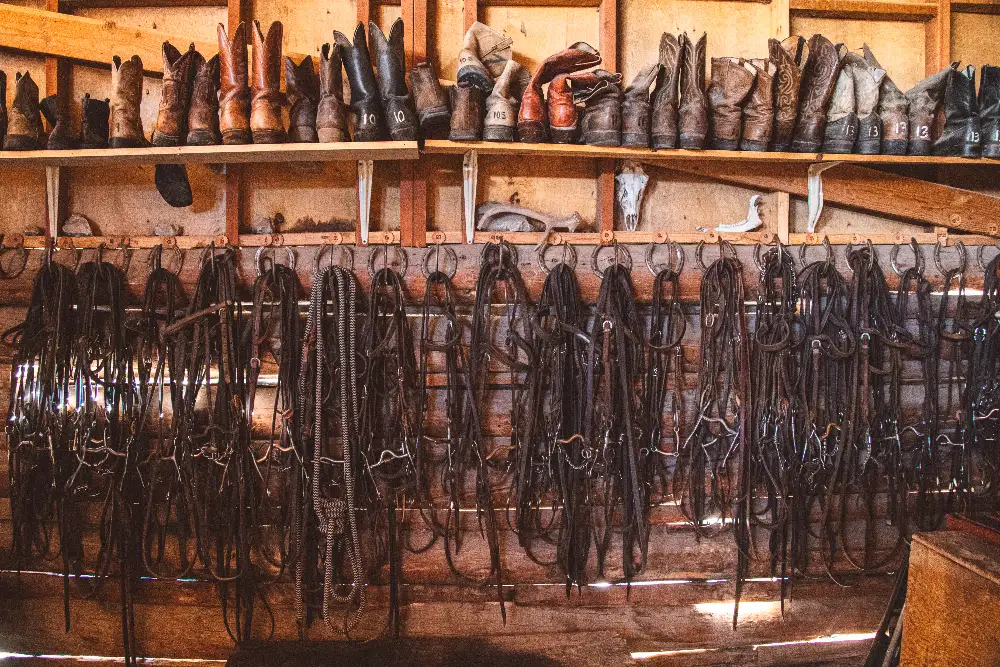 A wooden shelf with boots and horse tack on it